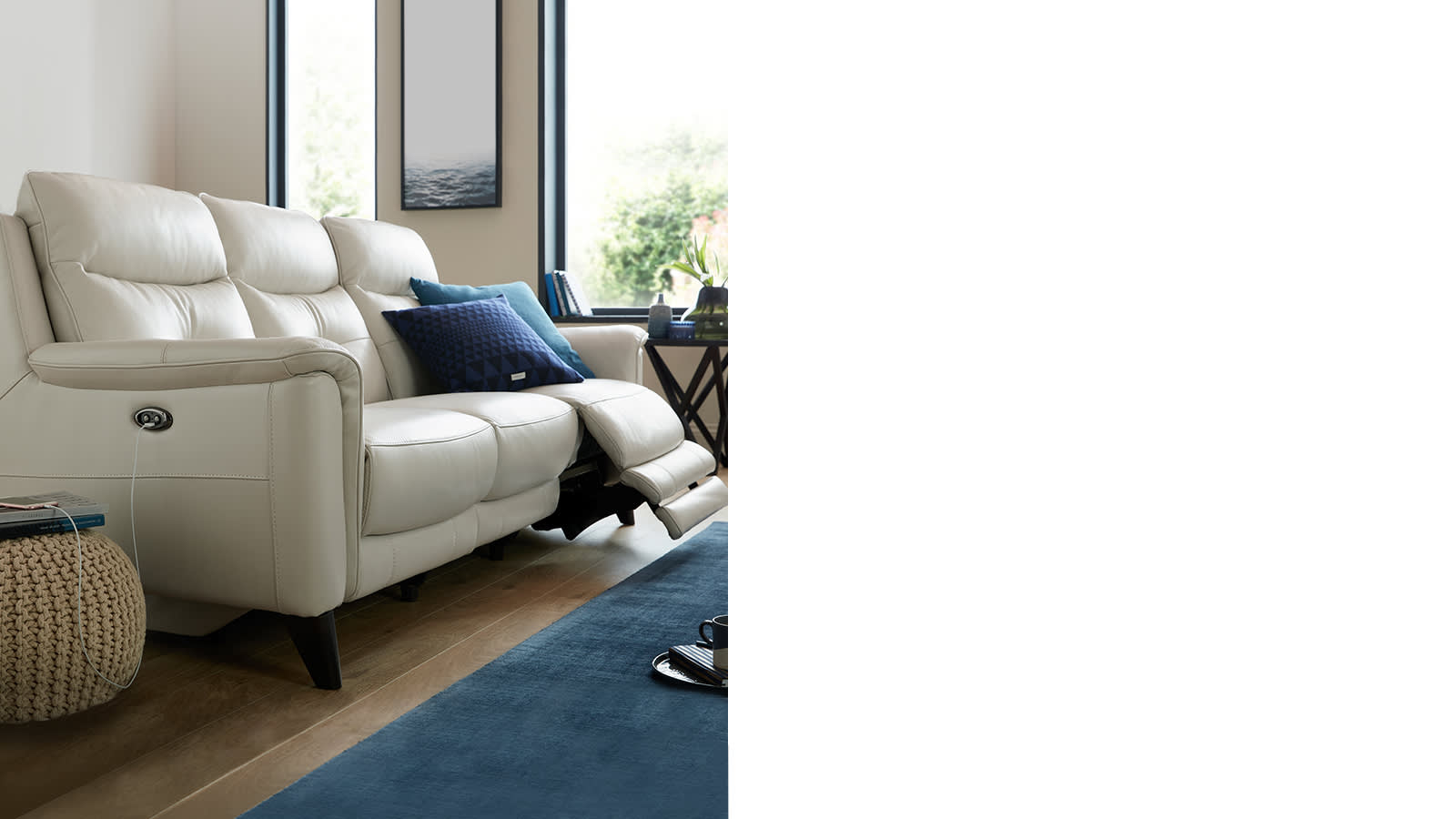 White leather recliner sofa with usb charger