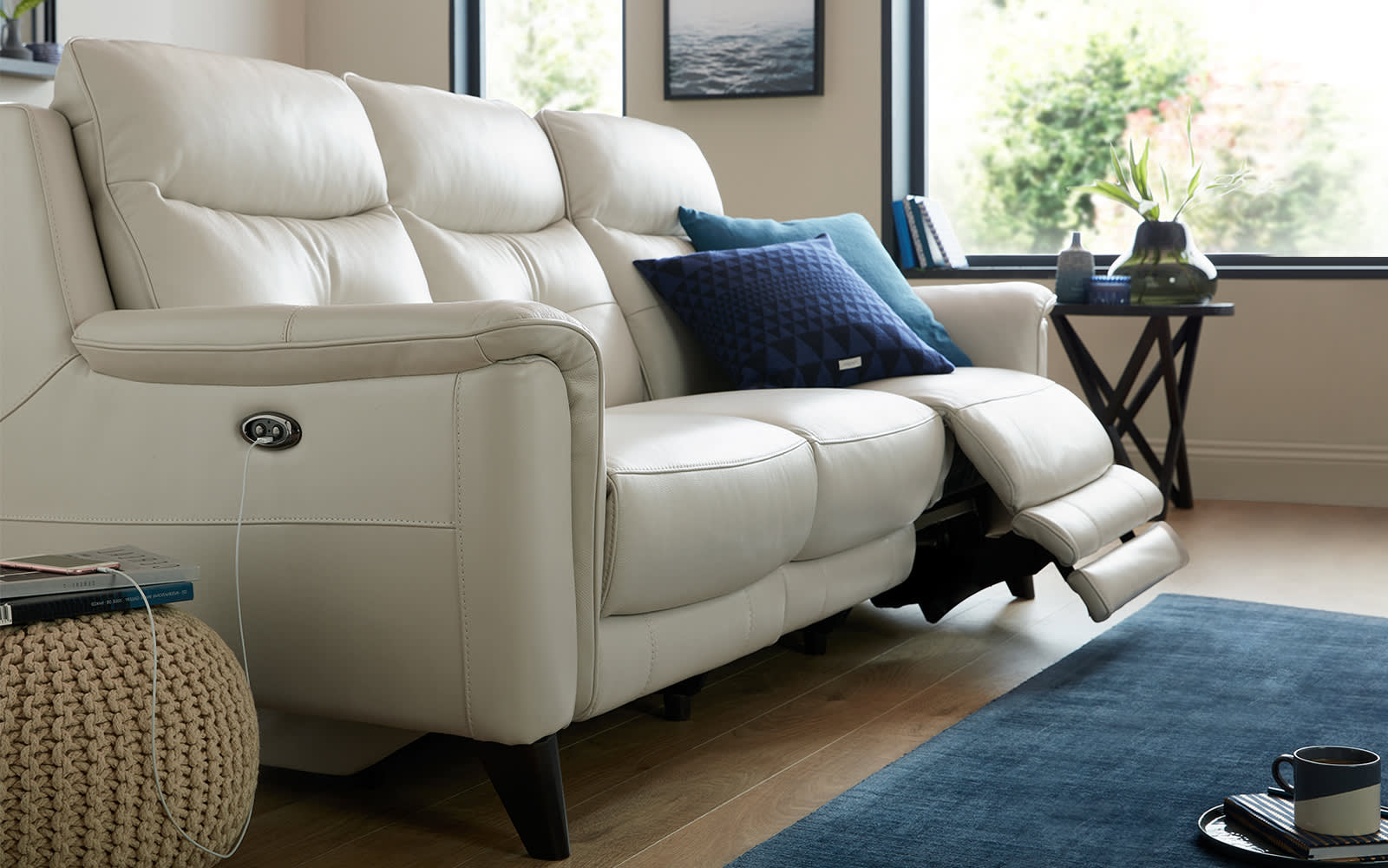 White leather recliner sofa with usb charger