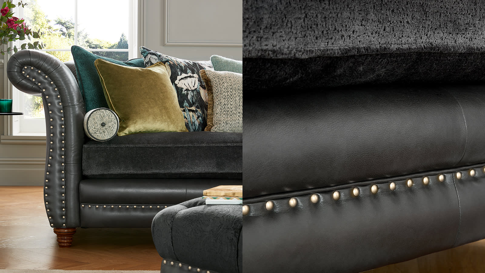 Sofology Persia dark leather and fabric sofa
