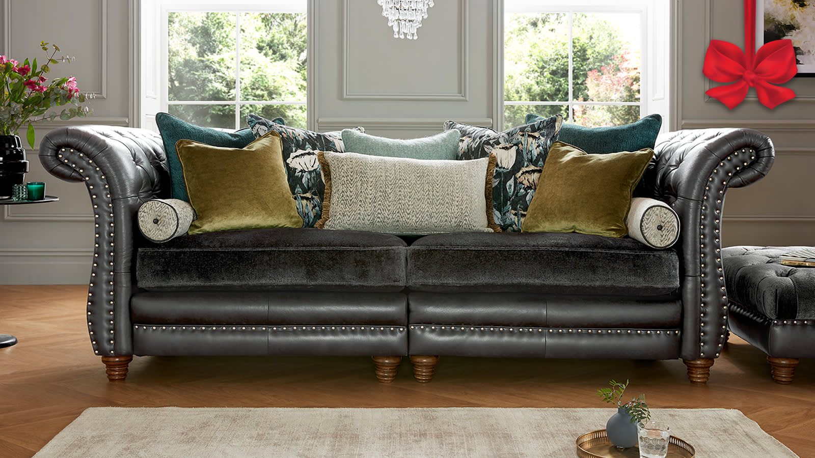 Black Sofology Persia leather & fabric studded sofa