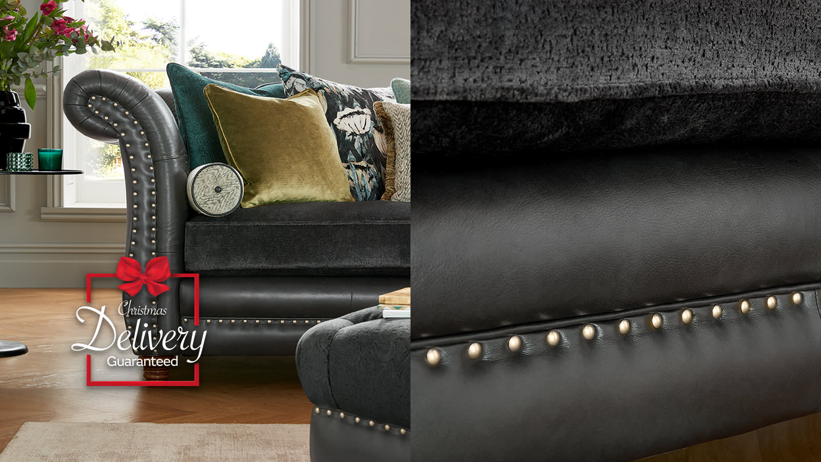 Black Sofology Persia leather & fabric studded sofa