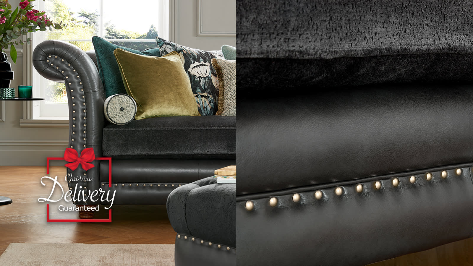 Black Sofology Persia leather & fabric studded sofa