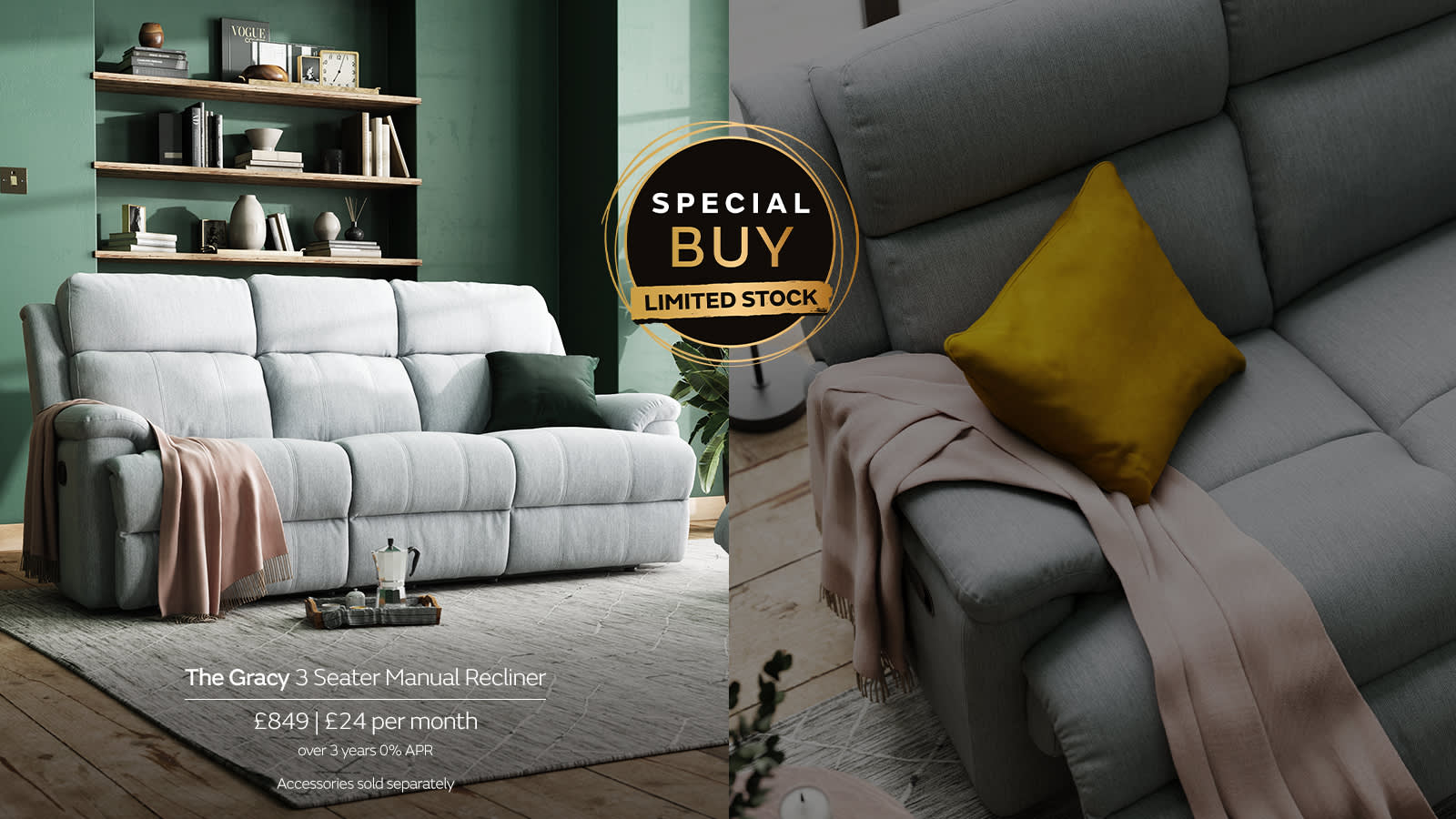 Sofology Gracy Special Buy Grey Fabric Recliner Sofa