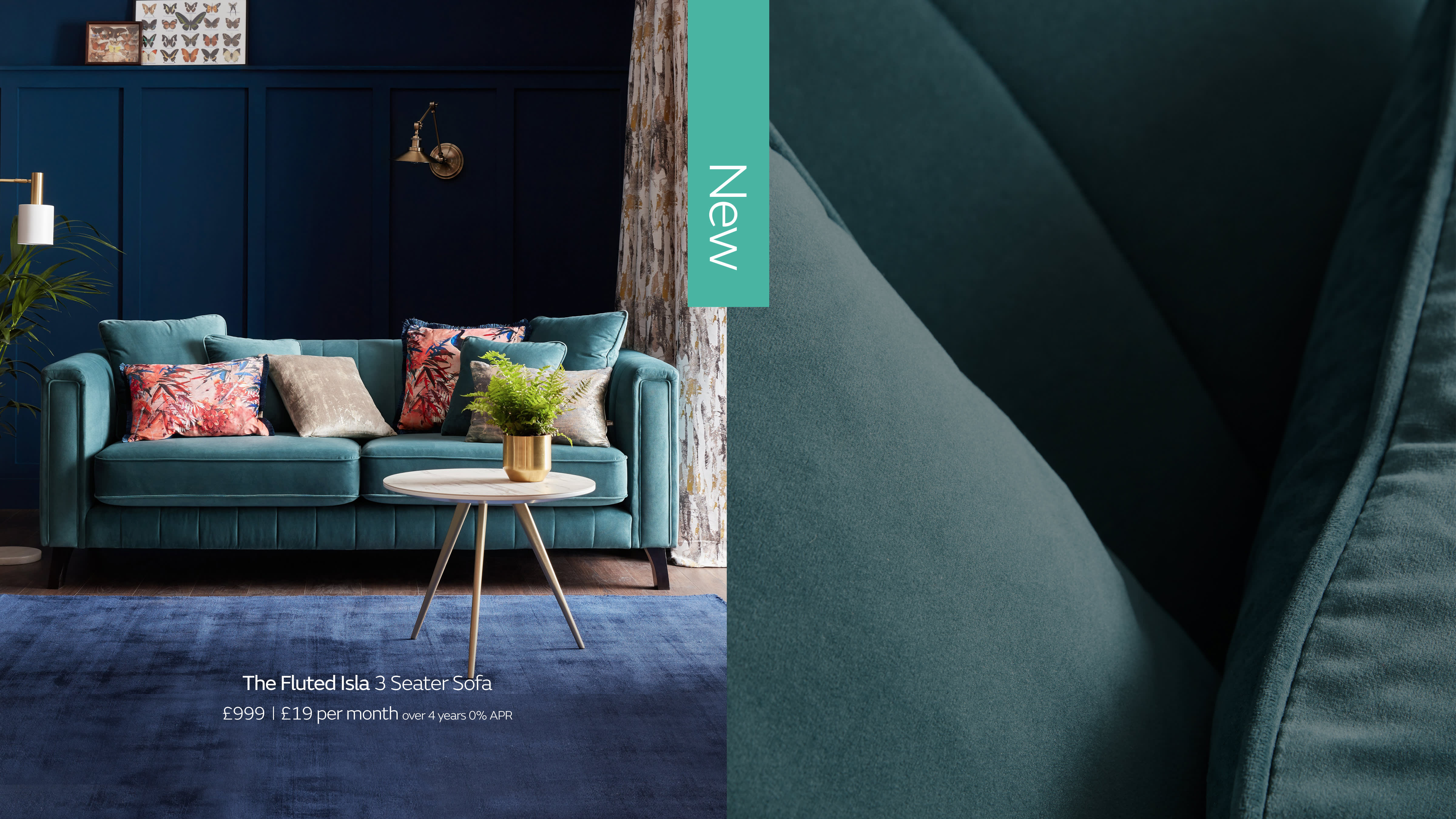 Fluted Isla teal green velvet sofa