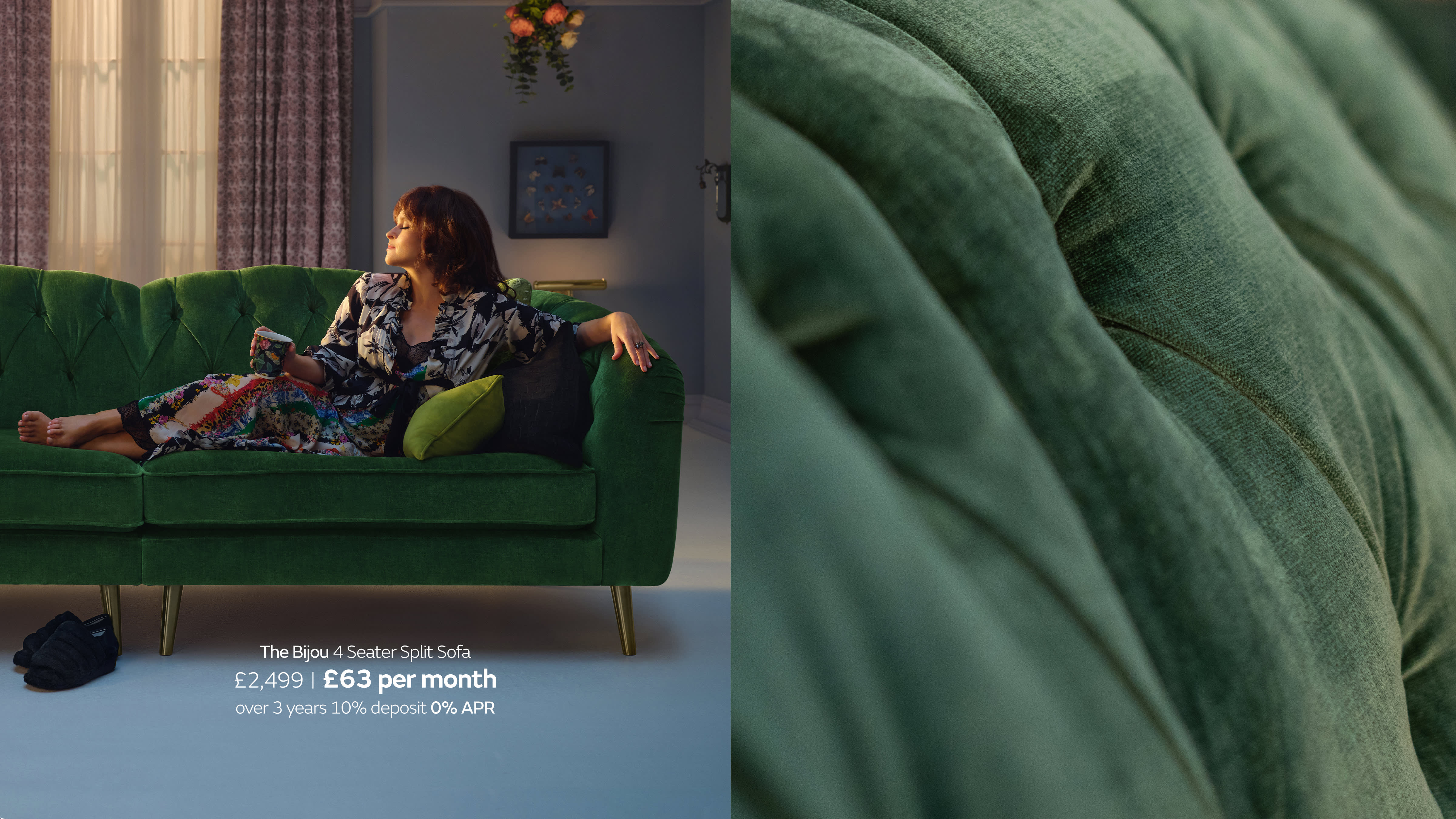 Green velvet Bijou sofa with Helena Bonham Carter