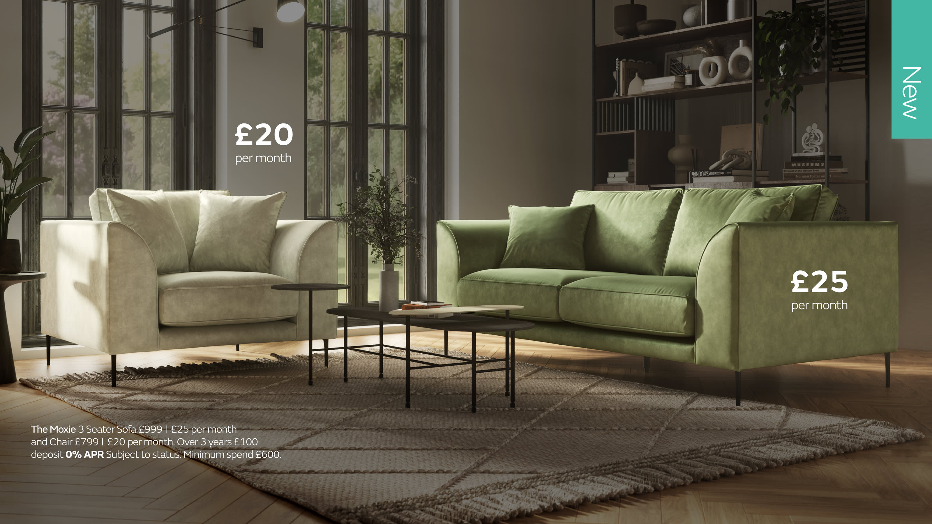 Moxie green fabric sofa and cream armchair