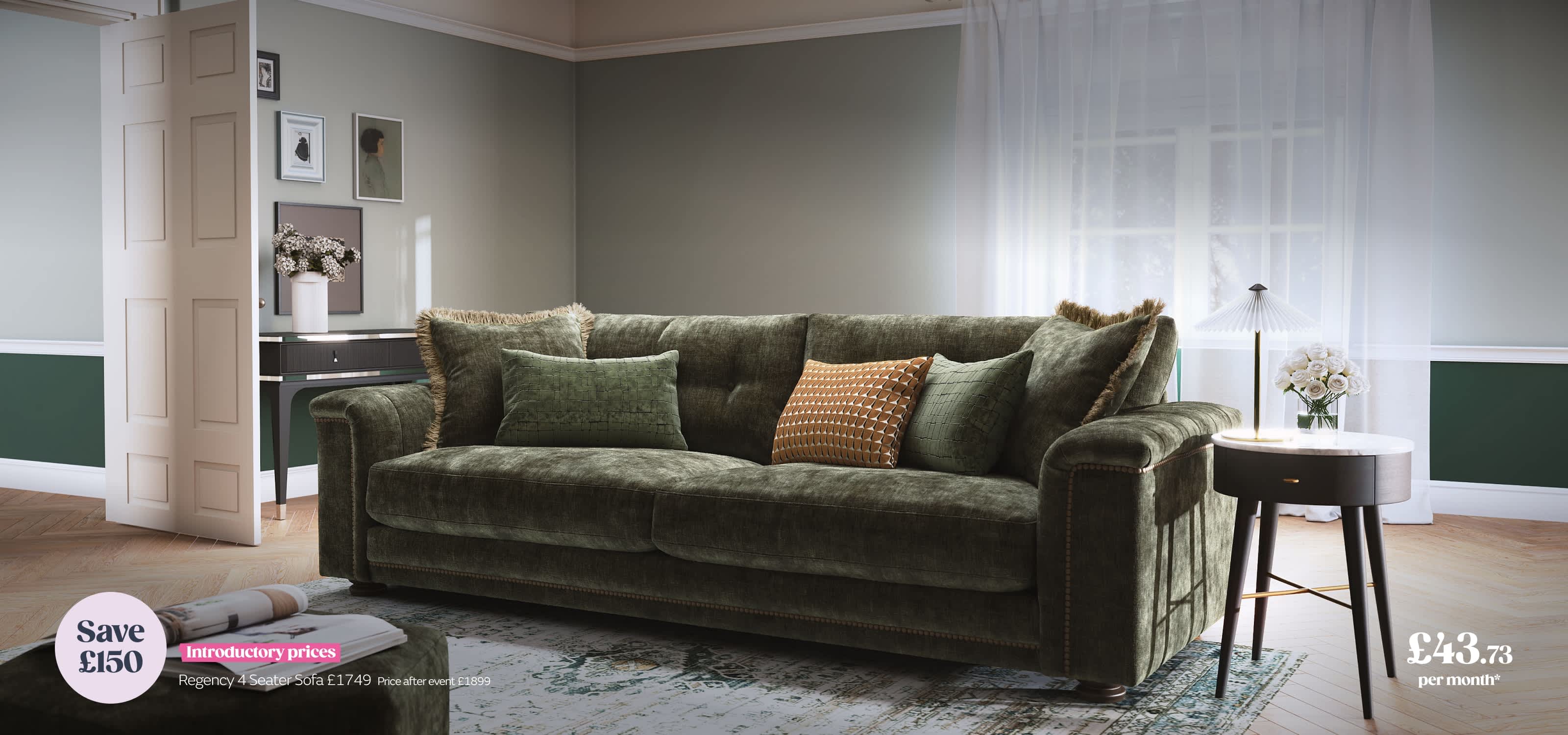 The Regency 4 Seater Sofa in a room with the price text £1749  I  £43.73 per month* Price after event £1899 appearing in the bottom corner