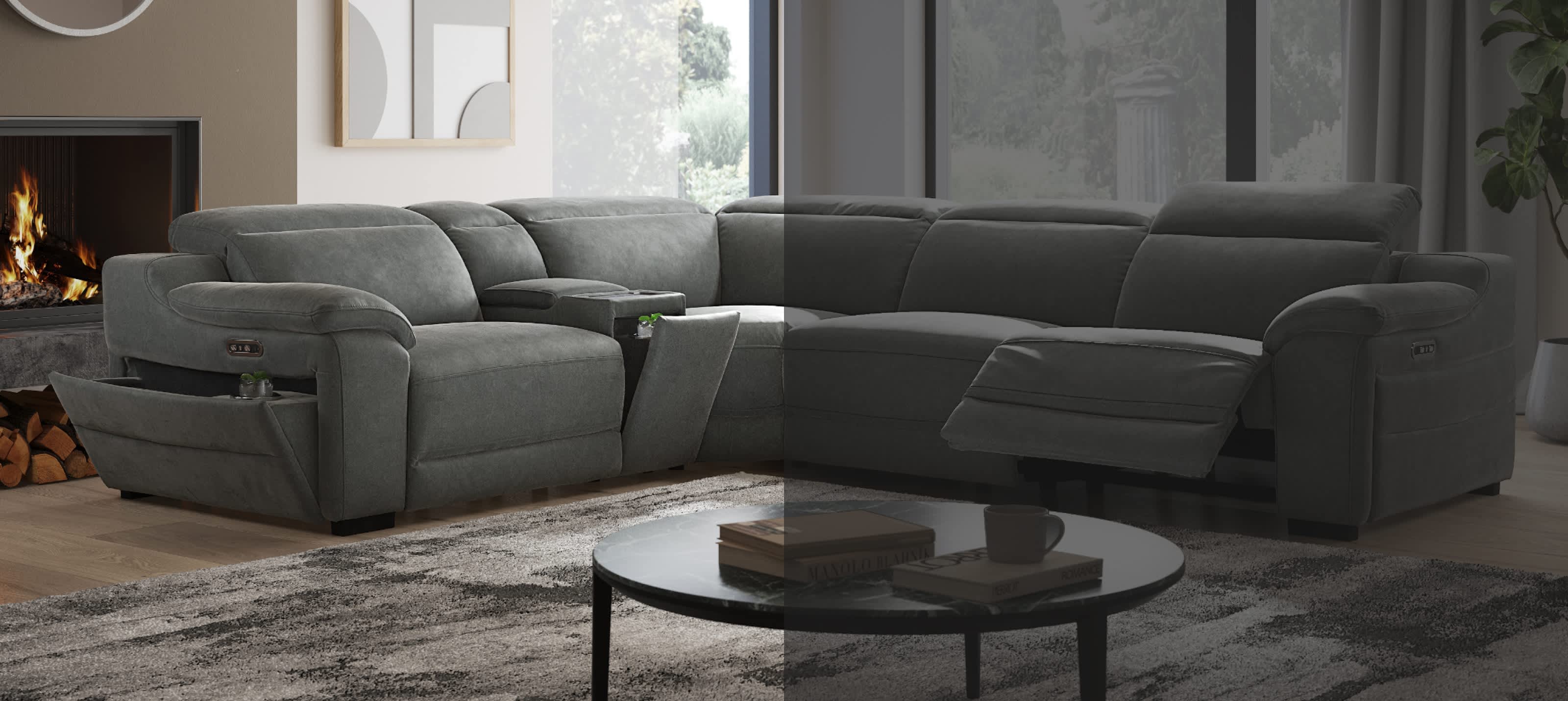 Dark grey sofa in a bright room
