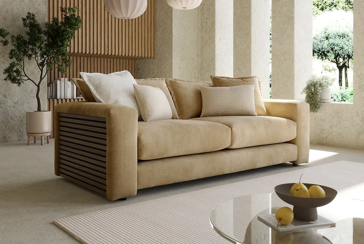 Beige coloured sofa in a bright room