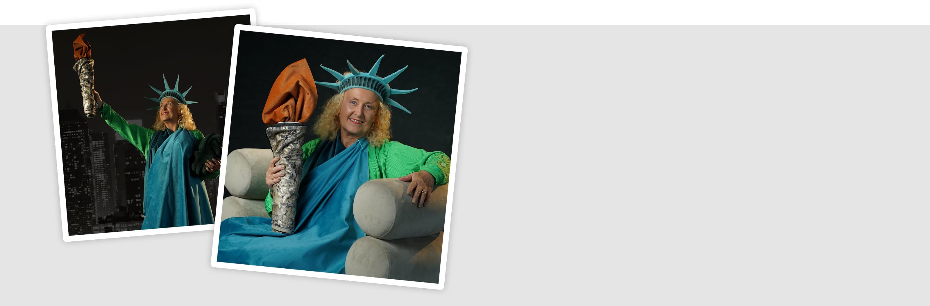 Two images in frames of a woman dressed as the Statue of Liberty