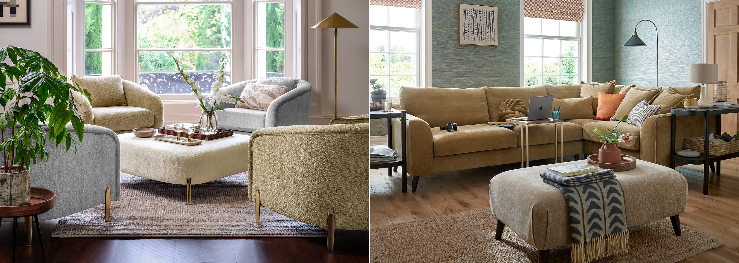 A 2 column image with one side showing armchairs and the other side showing a corner sofa