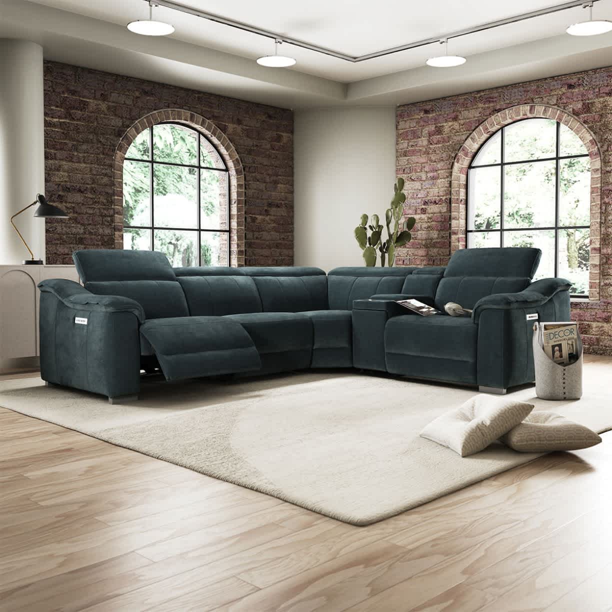 Dark blue corner sofa in a bright room