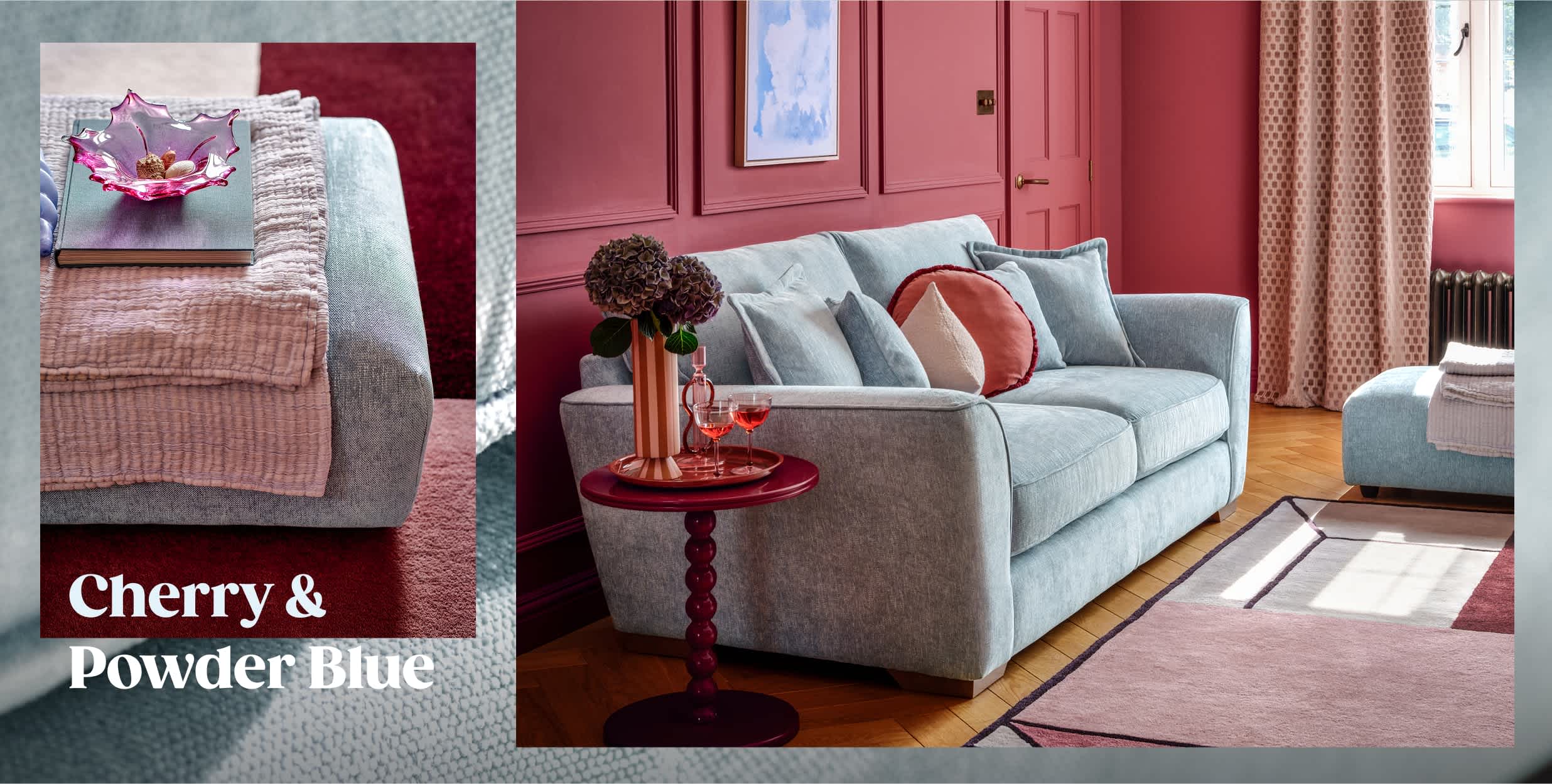 Sofa in a room with the caption 'Cherry & powder blue' linking to The Newbury product page