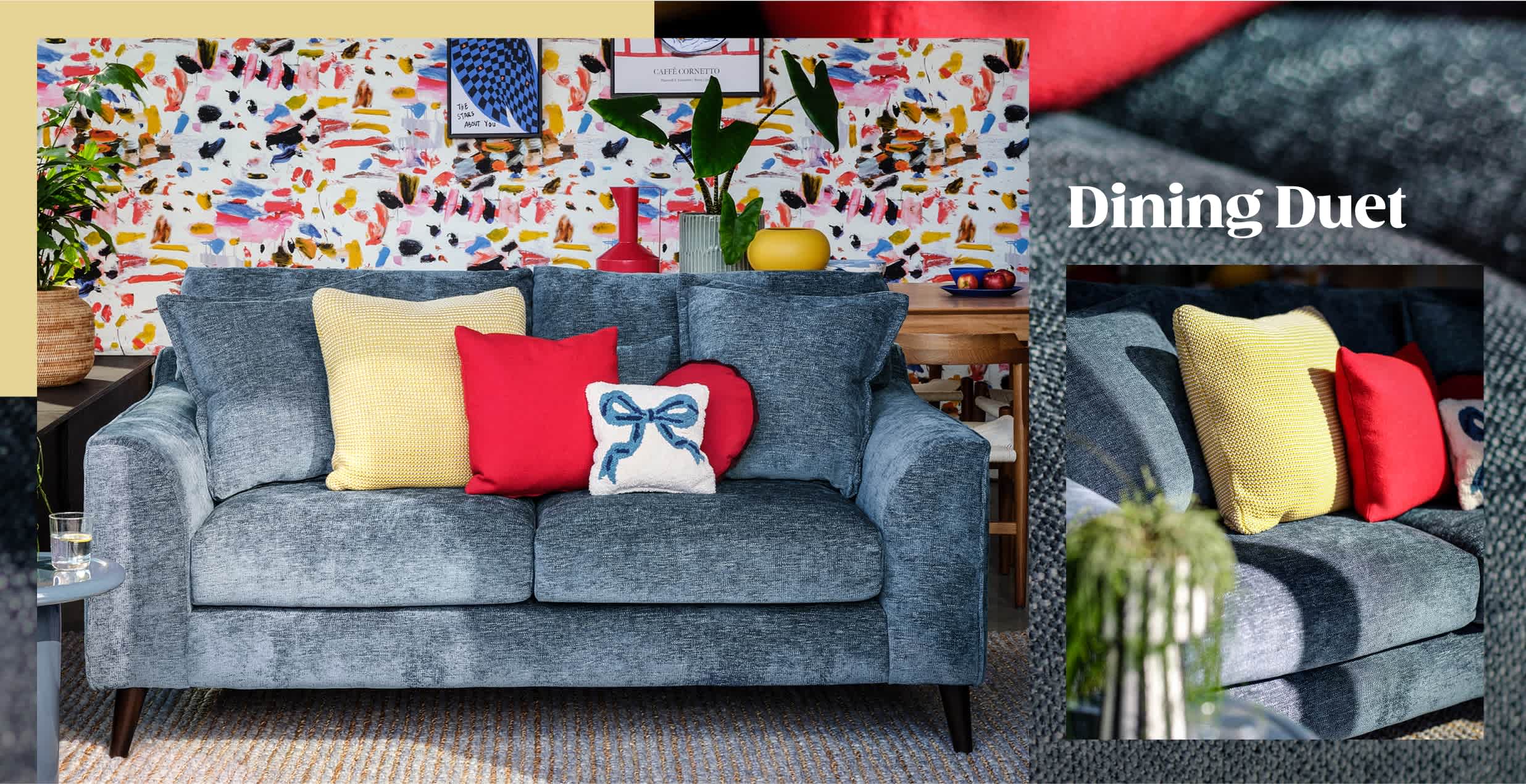 Sofa in a room with the caption 'Dining duet' linking to The Newbury product page