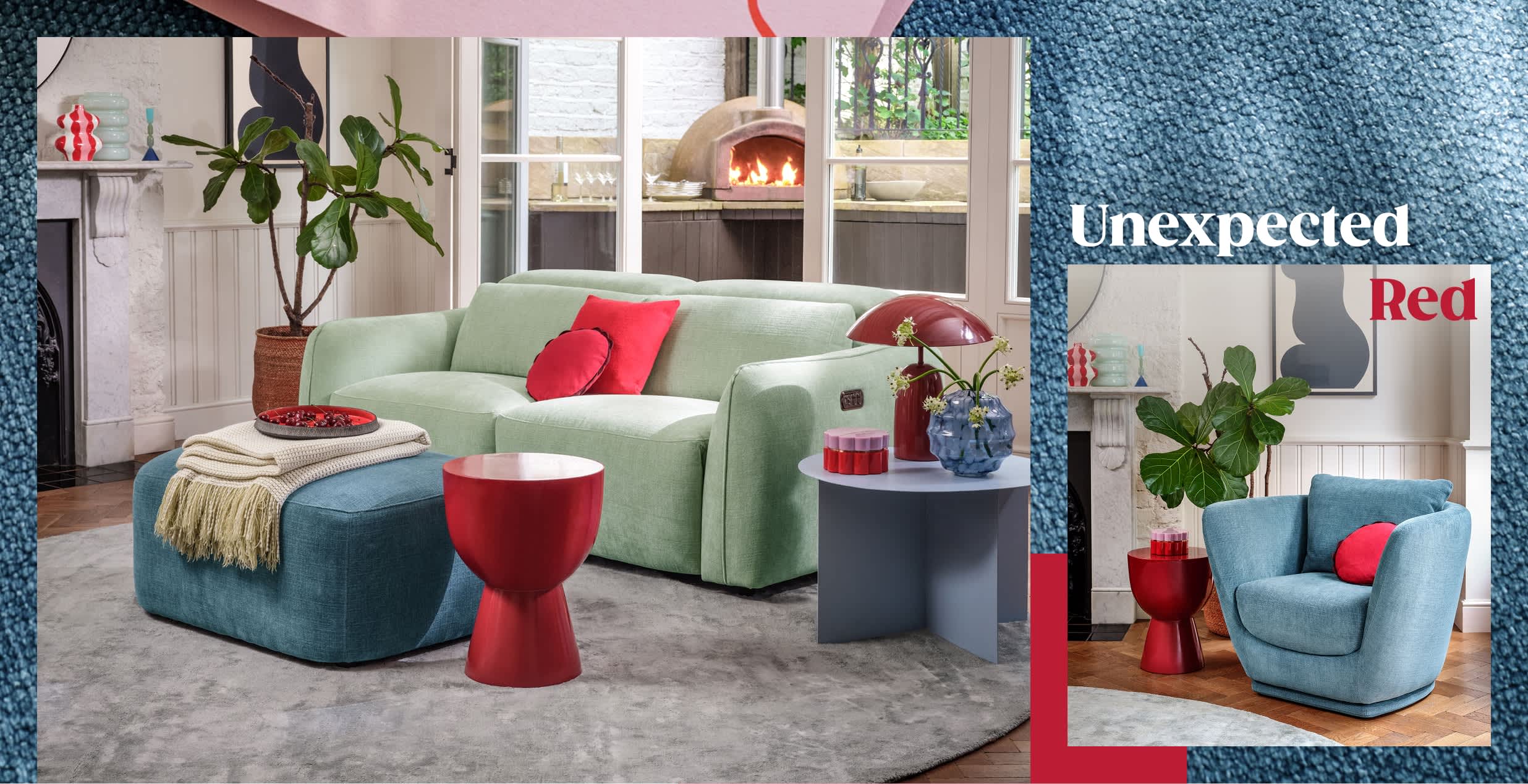 Sofa in a room with the caption 'Unexpected text' linking to The Serene product page