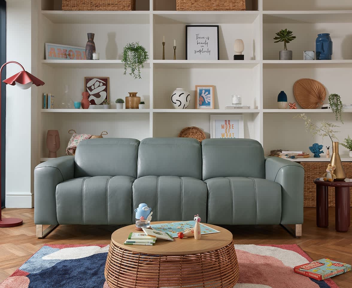 A grey sofa in a bright room