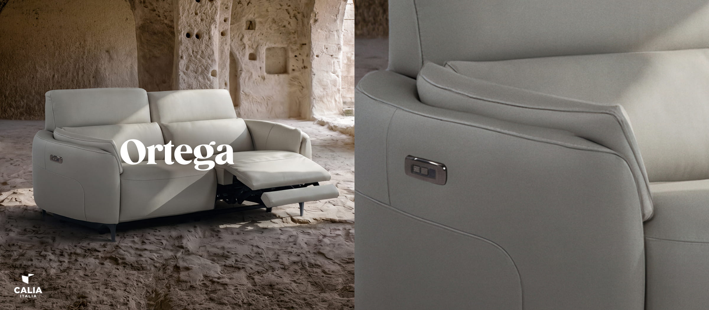 White reclined Ortega 2 seater sofa
