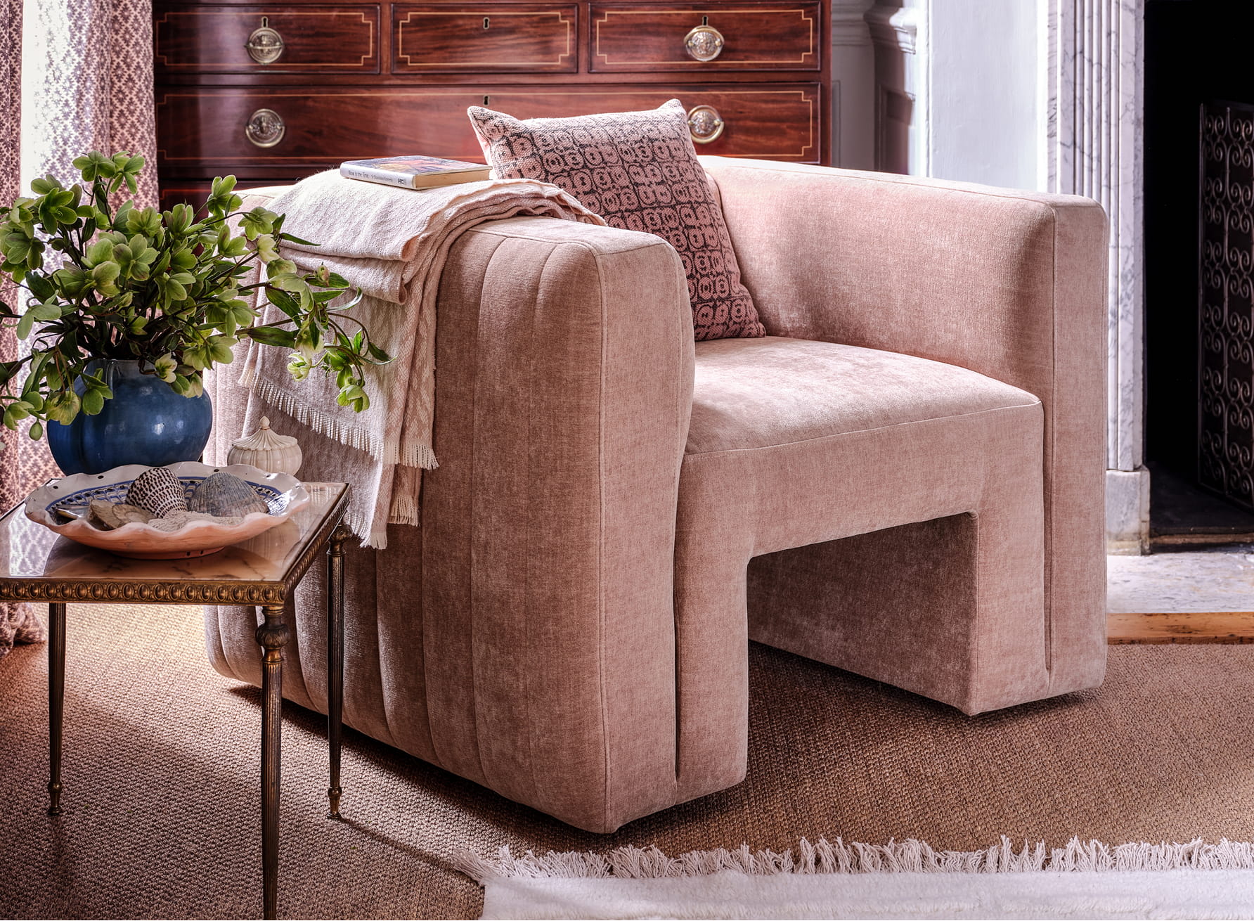 Balance the pink tones with calming neutrals
