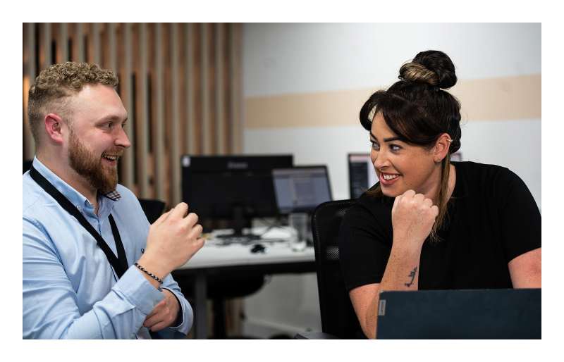 a man and a woman talking